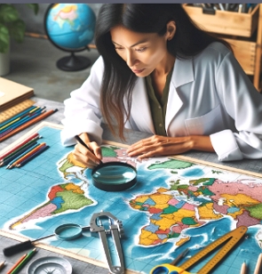 Ilustração de uma geógrafa analisando um mapa numa mesa