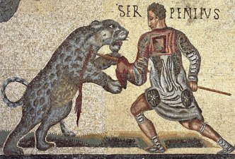 Mosaico romano mostrando um gladiador lutando contra um felino (onça)