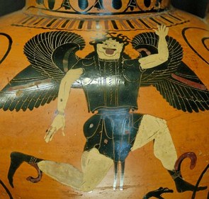 Pintura de uma górgona com asas num vaso grego