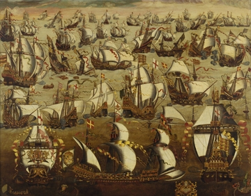 Batalha naval da Guerra Anglo-Espanhola Pintura mostrando uma batalha naval da Guerra Anglo-Espanhola