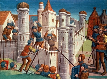 Pintura mostrando o cerco de um castelo durante uma guerra na Idade Média. Pintura mostrando o cerco de um castelo durante uma guerra na Idade Média.