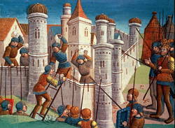 Pintura mostrando o cerco de um castelo durante uma guerra na Idade Média