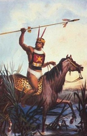 Pintura mostrando um guerreiro indígena sobre um cavalo e segurando uma lança