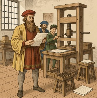 Ilustração mostrando Gutenberg vendo um papel impresso no sistema de imprensa que ele inventou.
