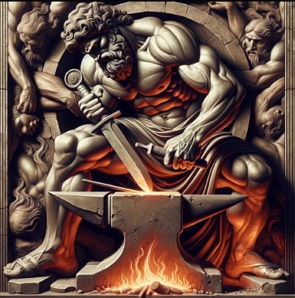 Ilustração mostrando o deus grego Hefesto trabalhando na metalurgia de uma espada