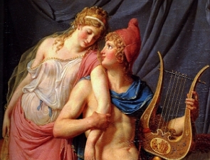 Pintura mostrando uma mulher e um homem segurando uma harpa