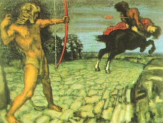 Pintura mostrando o herói grego Hércules acertando o centauro com uma flecha.