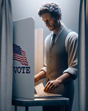 Ilustranção de um homem votando numa cabine de votação nos EUA