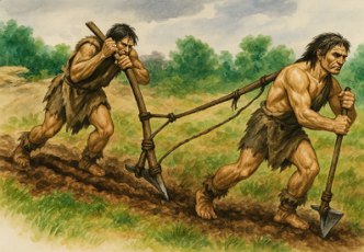 Ilustração mostrando dois homens arando a terra no período Neolítico