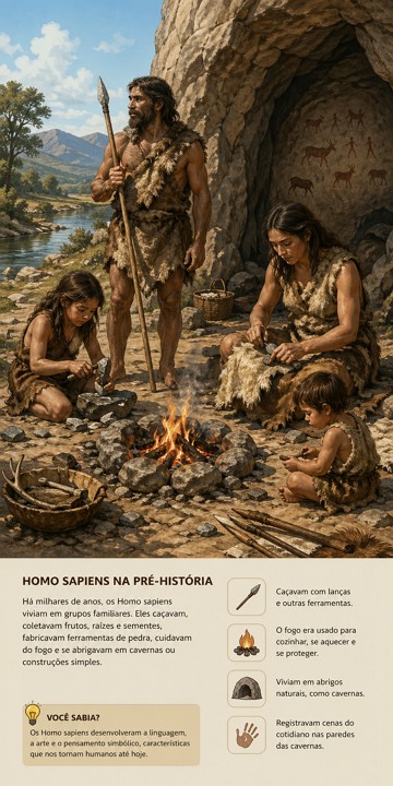 Homo Sapiens na Pré-História. Ilustração de uma família de Homo-Sapiens na Pré-História