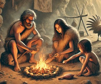 Familia com homem adulto, mulher e criança de Homo sapiens numa caverna, assando carne.