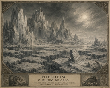 Niflheim Ilustração (gerada via IA) representando Niflheim na Mitologia Nórdica, com montanhas, neve e névoa.