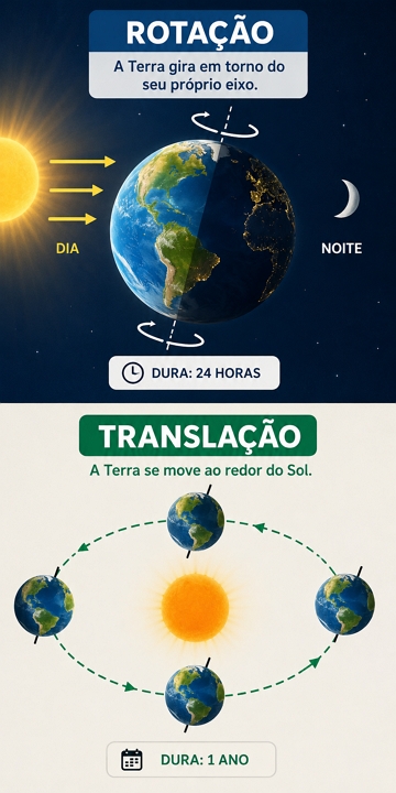 Ilustra&ccedil;&atilde;o mostrando os movimentos de transla&ccedil;&atilde;o  e rota&ccedil;&atilde;o da Terra ao redor do Sol.