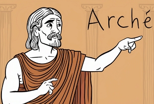 Ilustração do filósofo Anaxímenes apontando para o ar onde está escrito Arché