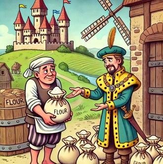 Imposto na Idade Média Ilustração mostrando um servo e um senhor feudal na Idade Média. O servo está entregando um saco de farinha para o senhor feudal.