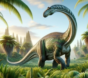 Ilustração mostrando um dinossauro de pescoço comprido