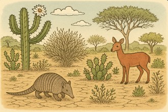 Caatinga Ilustração da Caatinga mostrando o solo seco, dois animais e vegetação.