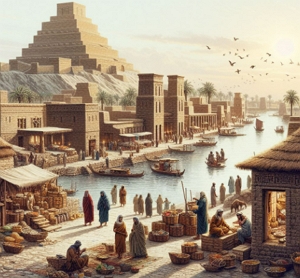 Ilustração de uma cidade mesopotânica, as margens de um rio, com comércio e um zigurate ao fundo