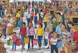 Ilustração mostrando pessoas fazendo compras numa loja
