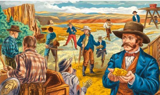 Ilustração em formato de desenho mostrando mineiros americanos com ouro próximos de um mina