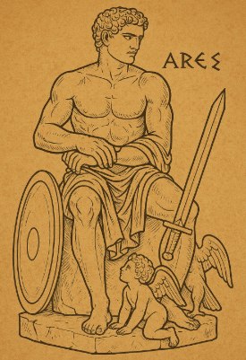 Ilustração representando o deus grego Ares com espada e escudo