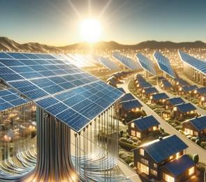 Ilustração de uma usina de energia solar gerando energia para uma cidade