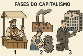 Ilustração didática representando as três principais fases do capitalismo