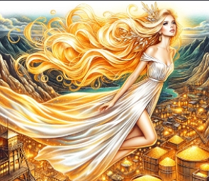 Desenho mostrando uma mulher loira com vestido branco voando sobre uma mina de ouro