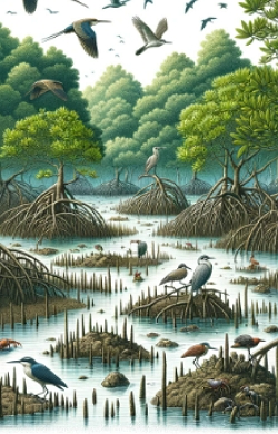 Ilustração de um mangue com árvores, pássaros e caranguejos