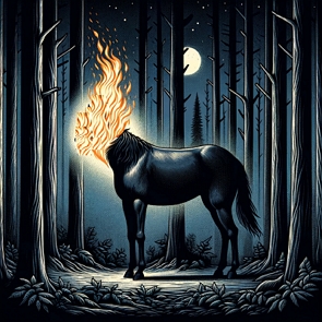 Ilustração mostrando uma mula de cor preta, se a cabeça, com fogo no lugar da cabeça, num dia a noite na floresta com lua cheia
