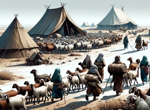 Ilustração mostrando nômades ao lado de suas barracos e cabras