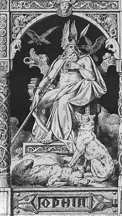 Ilustração mostrando o deus Odin sentado num trono e com uma lança na mão