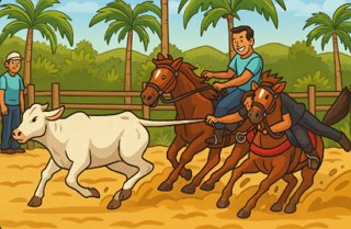Ilustração Vaquejada Ilustração (desenho) mostrando dois vaqueiros capturando um boi branco