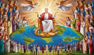 Ilustração mostrando deus no centro do mundo e das pessoas