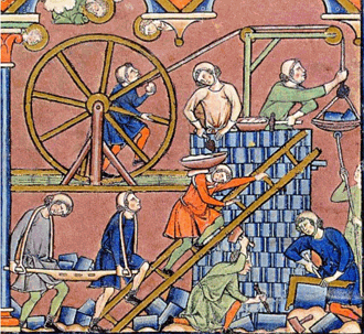 Desenho medieval de trabalhadores construíndo uma torre