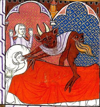 Ilustração medieval mostrando o diabo sobre uma pessoa que está na cama