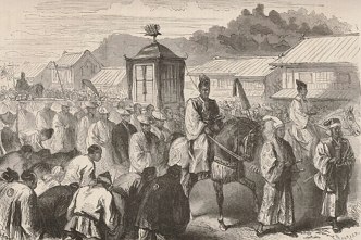 Ilustração mostrando o imperador Meiji montado em um cavalo em visita a Tóquio