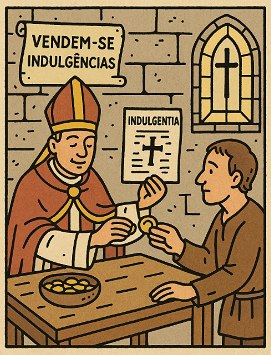 Ilustração didática representando um religioso católico vendendo indulgência para uma pessoa.