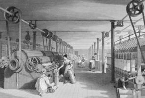 Interior de uma industria têxtil no período da Primeira Revolução Industrial
