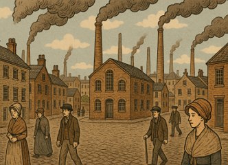 Industrialização e Urbanização Ilustração mostrando uma cidade inglesa do século XVIII com fábricas e casas