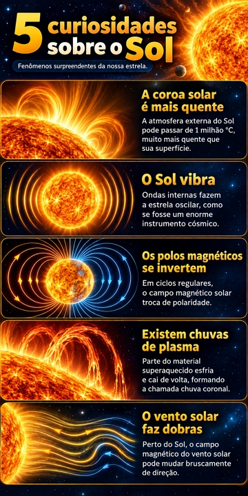 Infogr&aacute;fico com 5 curiosidades astron&ocirc;micas sobre o Sol.