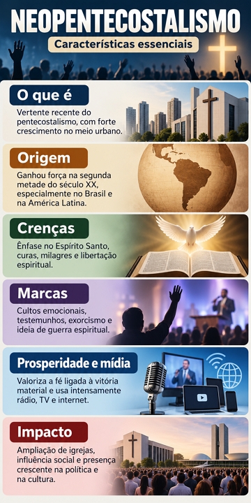 Infogr&aacute;fico com as caracter&iacute;sticas do Neopentecostalismo