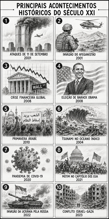 Infográfico com os 10 principais acontecimentos históricos do século XXI Infográfico com os 10 principais acontecimentos históricos do século XXI
