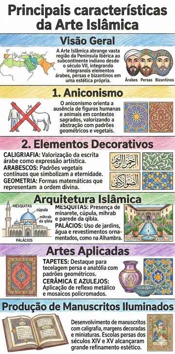 Infogr&aacute;fico com as principais caracter&iacute;sticas da arte isl&acirc;mica