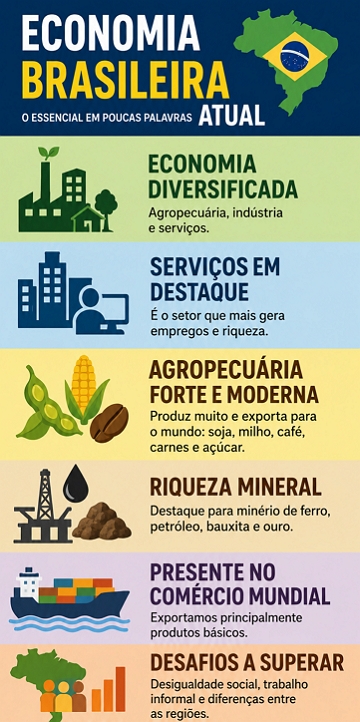 Infogr&aacute;fico sobre as principais caracter&iacute;sticas da economia do Brasil Atual
