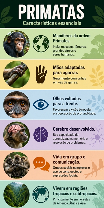 Infogr&aacute;fico sobre as principais caracter&iacute;sticas dos primatas