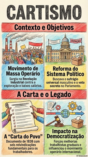 Cartismo Infográfico com resumo histórico sobre o Cartismo, contexto e objetivos.