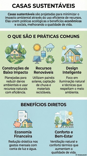 Infografíco explicando o que são casas sustentáveis, suas características e benefícios Infografíco explicando o que são casas sustentáveis, suas características e benefícios
