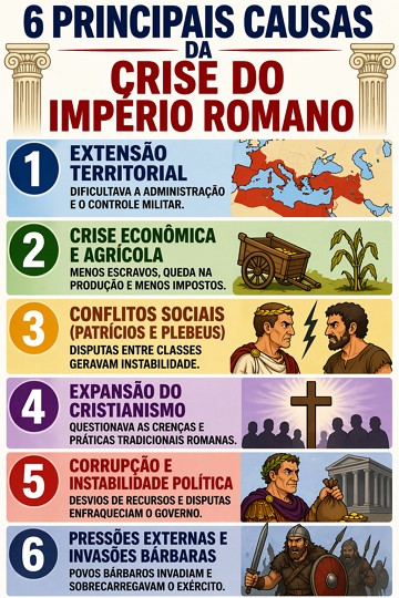 Infográfico mostrando as principais causas da crise do Império Romano Infográfico mostrando as principais causas da crise do Império Romano