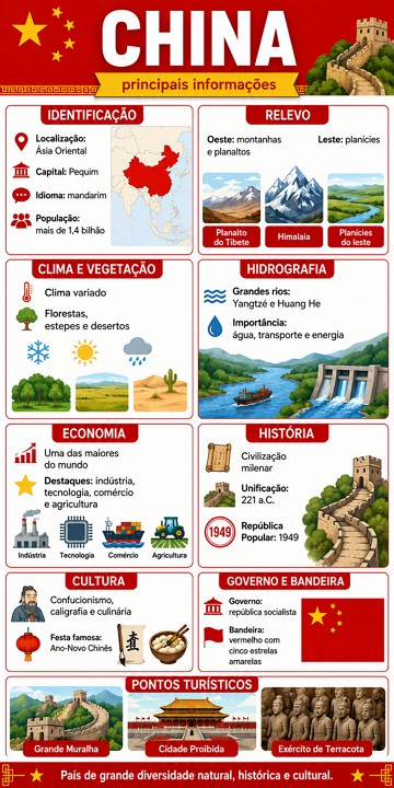 Infográfico sobre a China Infográfico com informações históricas e geográficas sobre a China